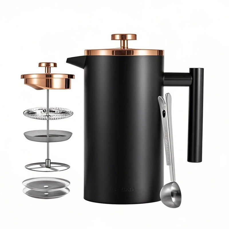 Meelio Black French Press Stainless Steel 34oz, Double Wall Insulated Coffee Press 1L for travel camping with 2 Extra Filter Screens and 1 Coffee Spoonï¼ˆ8cup 1000mlï¼‰ - Image 1